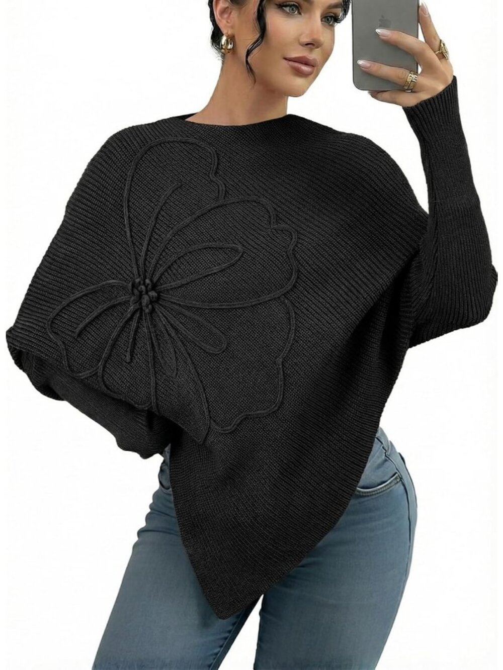 Women's Black Oversized Long Sleeve Crewneck Asymmetrical Fashion Sweater